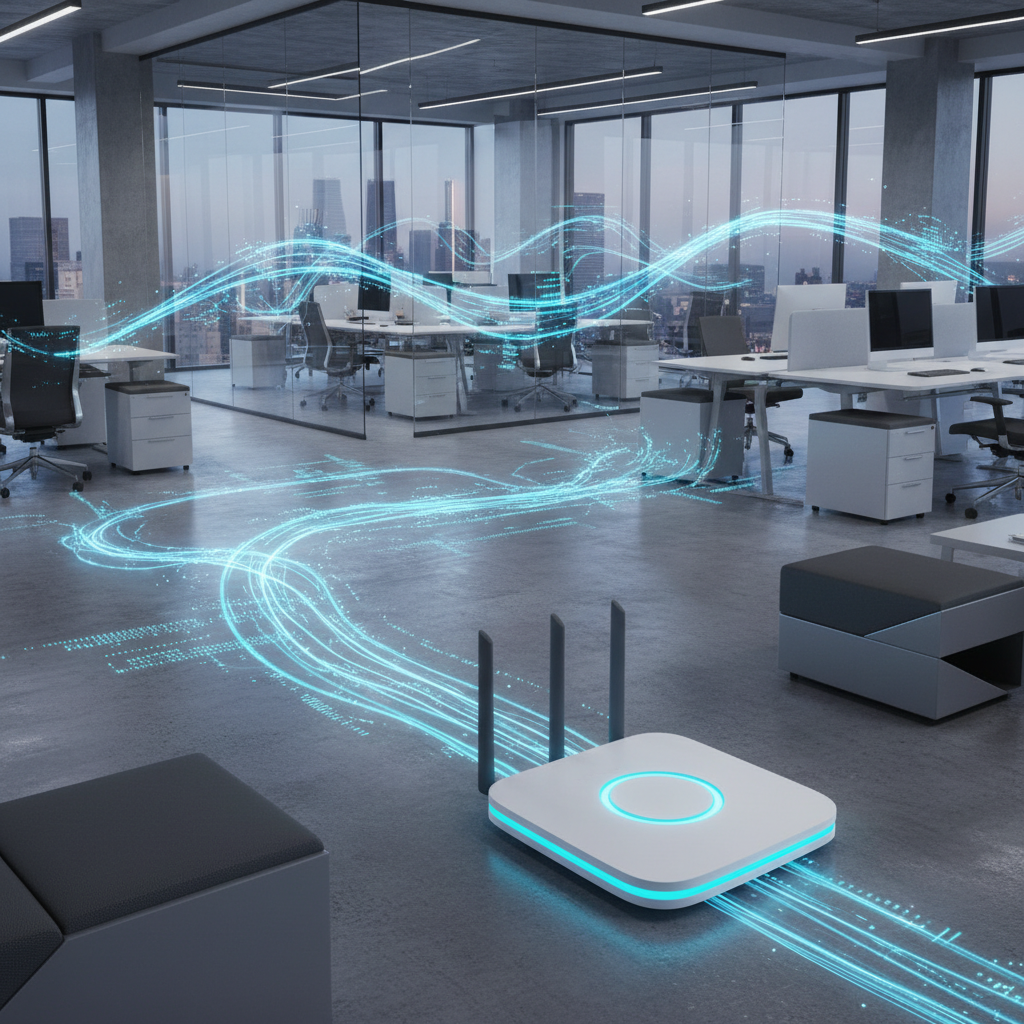 A wireless router sits on an office floor, emitting glowing blue digital data streams that flow throughout the modern workspace.