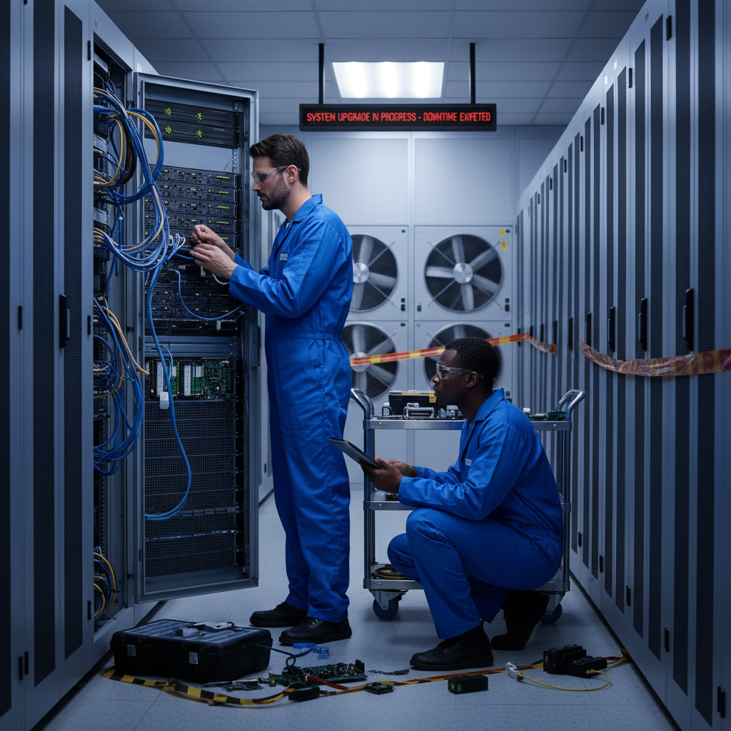 Two technicians in blue jumpsuits perform maintenance on server racks in a data center under a sign indicating a system upgrade.